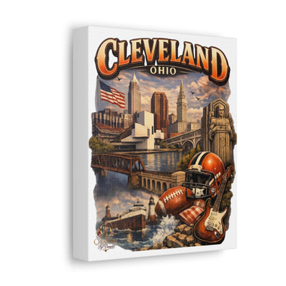 Cleveland Ohio Vintage Collage Stretched Canvas — Rock & Football City Skyline Wall Art