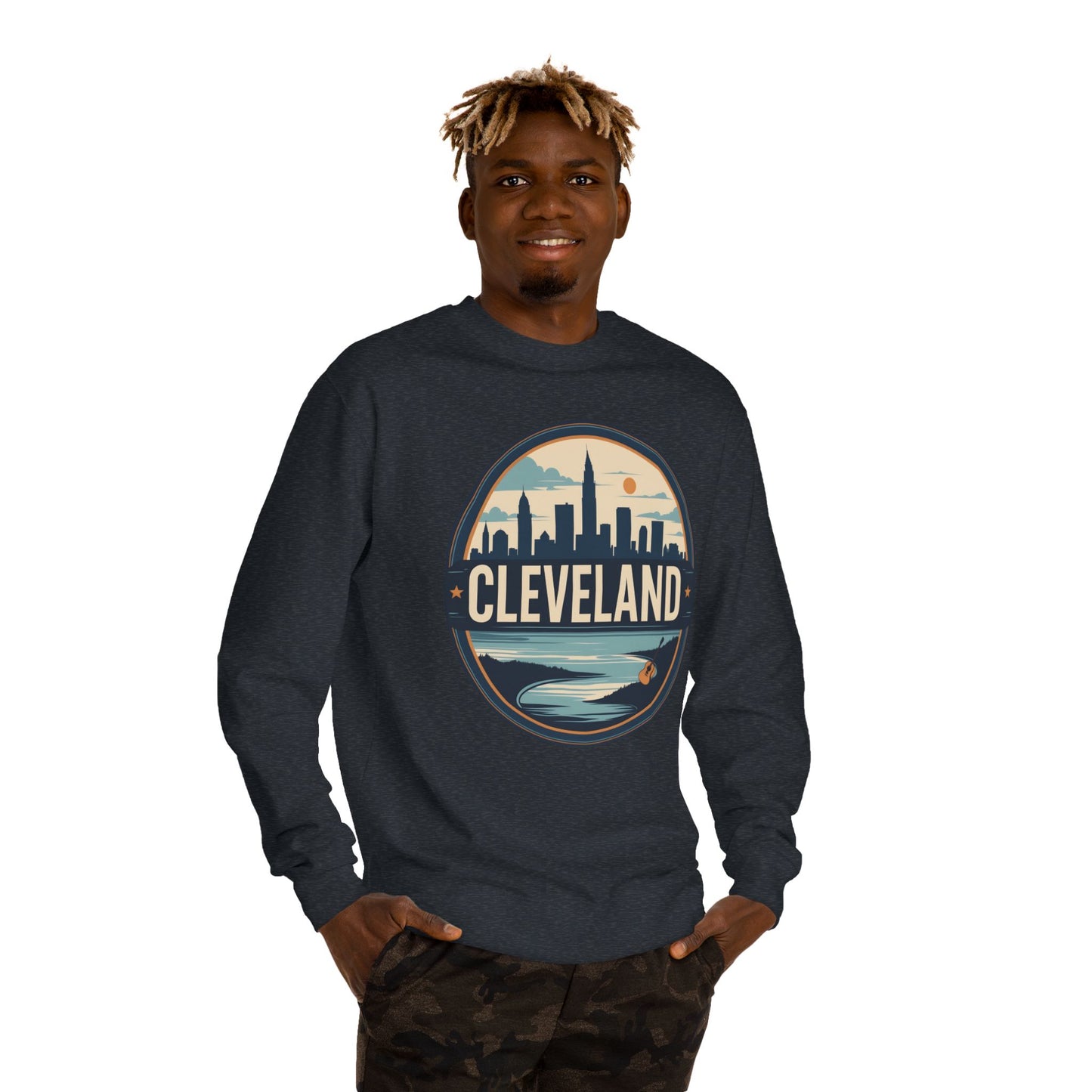 Cleveland Skyline Crewneck Sweatshirt — Retro City Badge Design