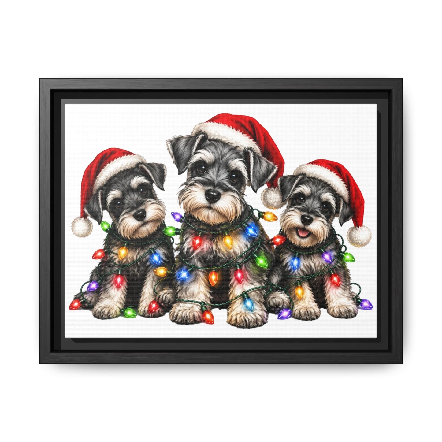 Christmas Schnauzer Canvas Print — Festive Puppies in Santa Hats (Matte Framed)