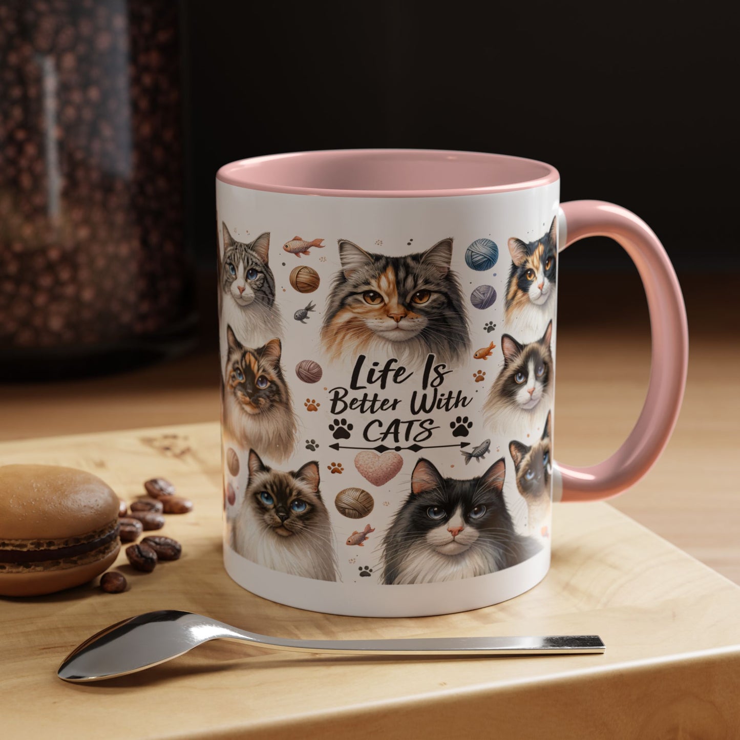 Life Is Better With Cats Accent Coffee Mug — Cat Lover Ceramic Mug (11/15oz)