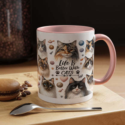 Life Is Better With Cats Accent Coffee Mug — Cat Lover Ceramic Mug (11/15oz)