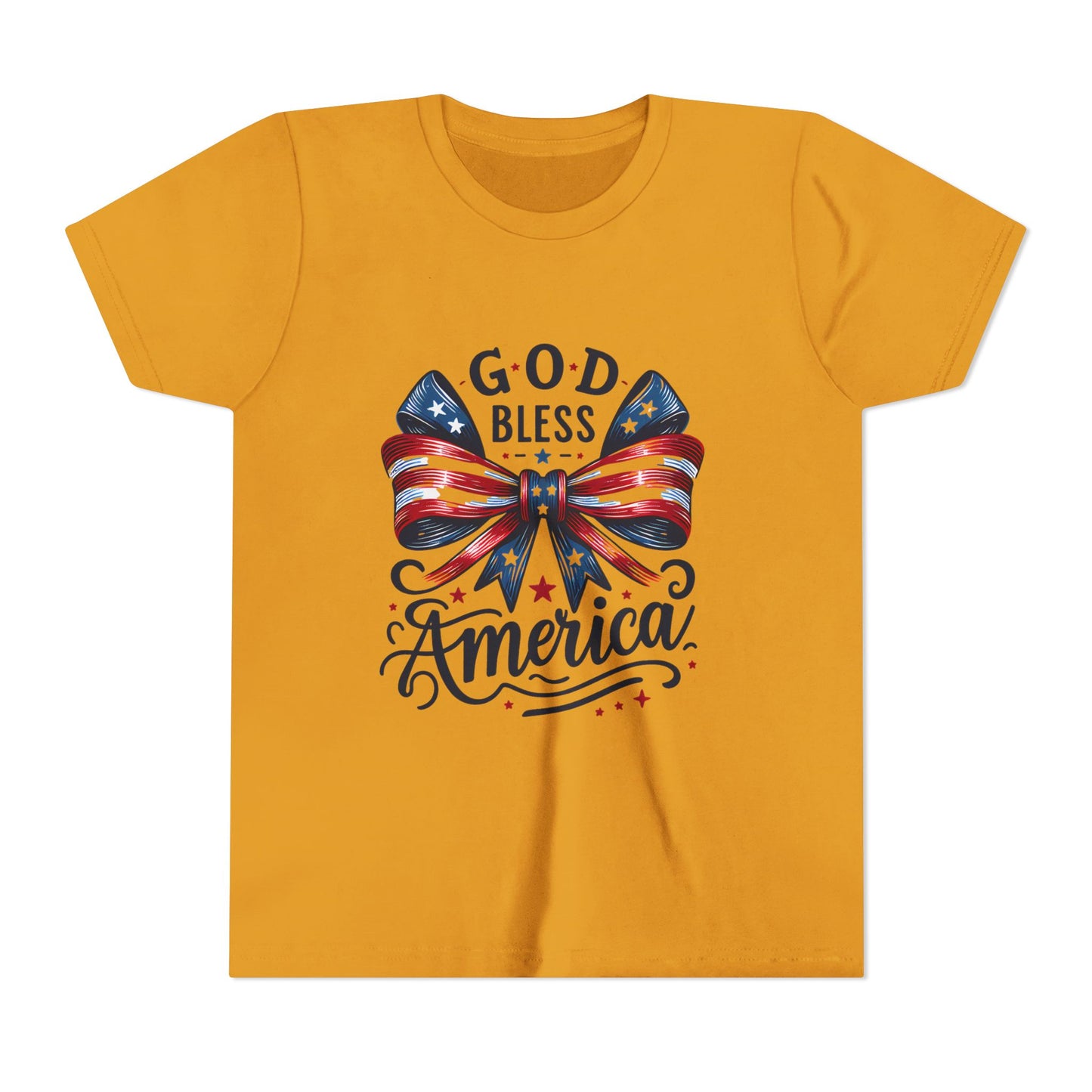 Youth Tee — "God Bless America" Patriotic Bow T-Shirt (4th of July, Memorial Day)