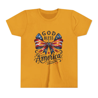 Youth Tee — "God Bless America" Patriotic Bow T-Shirt (4th of July, Memorial Day)