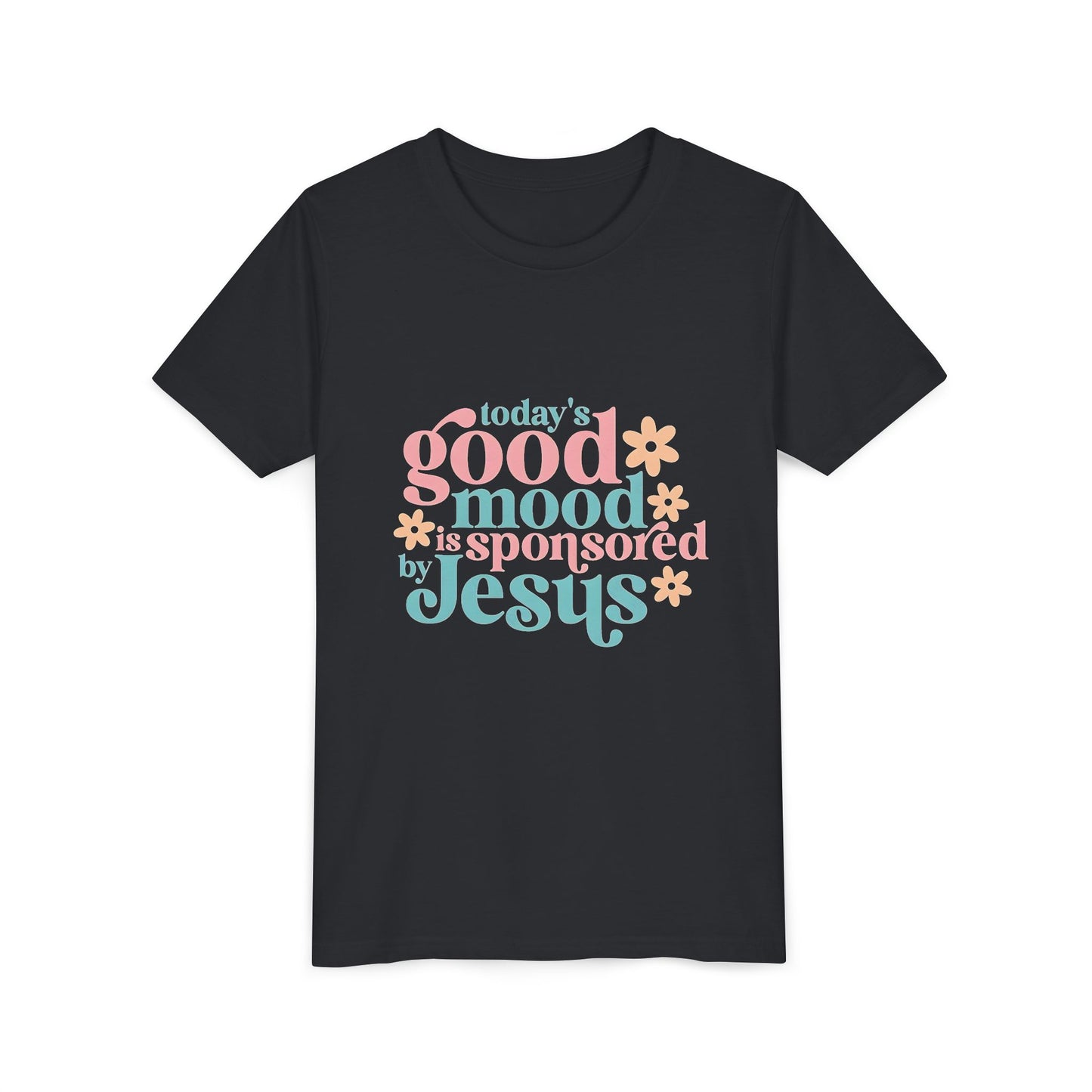Youth Tee – "Today's Good Mood is Sponsored by Jesus" Retro Floral Christian Shirt