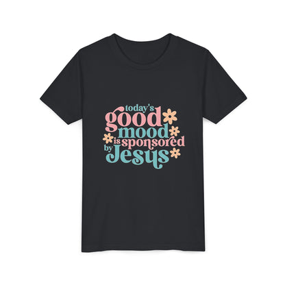 Youth Tee – "Today's Good Mood is Sponsored by Jesus" Retro Floral Christian Shirt