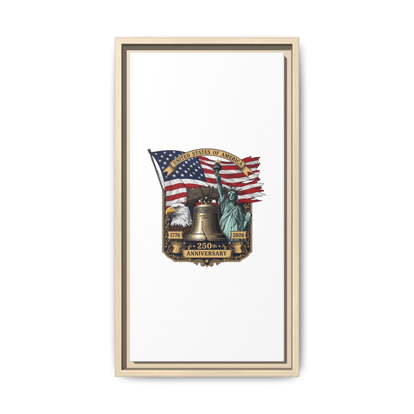 Liberty 250th Anniversary Framed Canvas Print — American Flag, Statue of Liberty & Liberty Bell Art