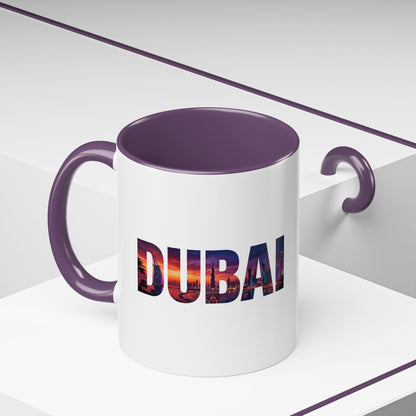 Dubai Skyline Accent Coffee Mug — Sunset City Photo Text (11/15oz)
