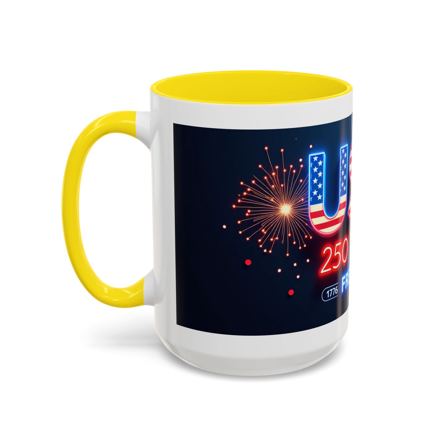 USA 250 Years of Freedom Accent Coffee Mug — Patriotic 1776–2026 Fireworks Design (11/15oz)