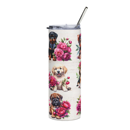 20oz Stainless Tumbler with Floral Puppy Pattern — Insulated Dog Lover Travel Cup