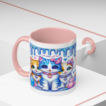 Cute Kawaii Cats Coffee Mug - "Life is Better with Cats" Accent Mug