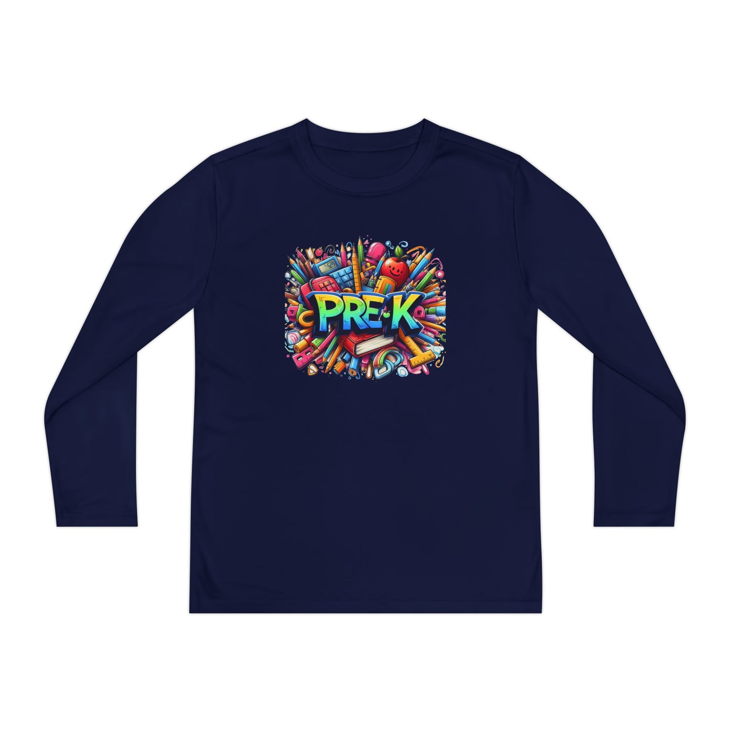 PRE-K Youth Long Sleeve Tee — Colorful School Supplies Design