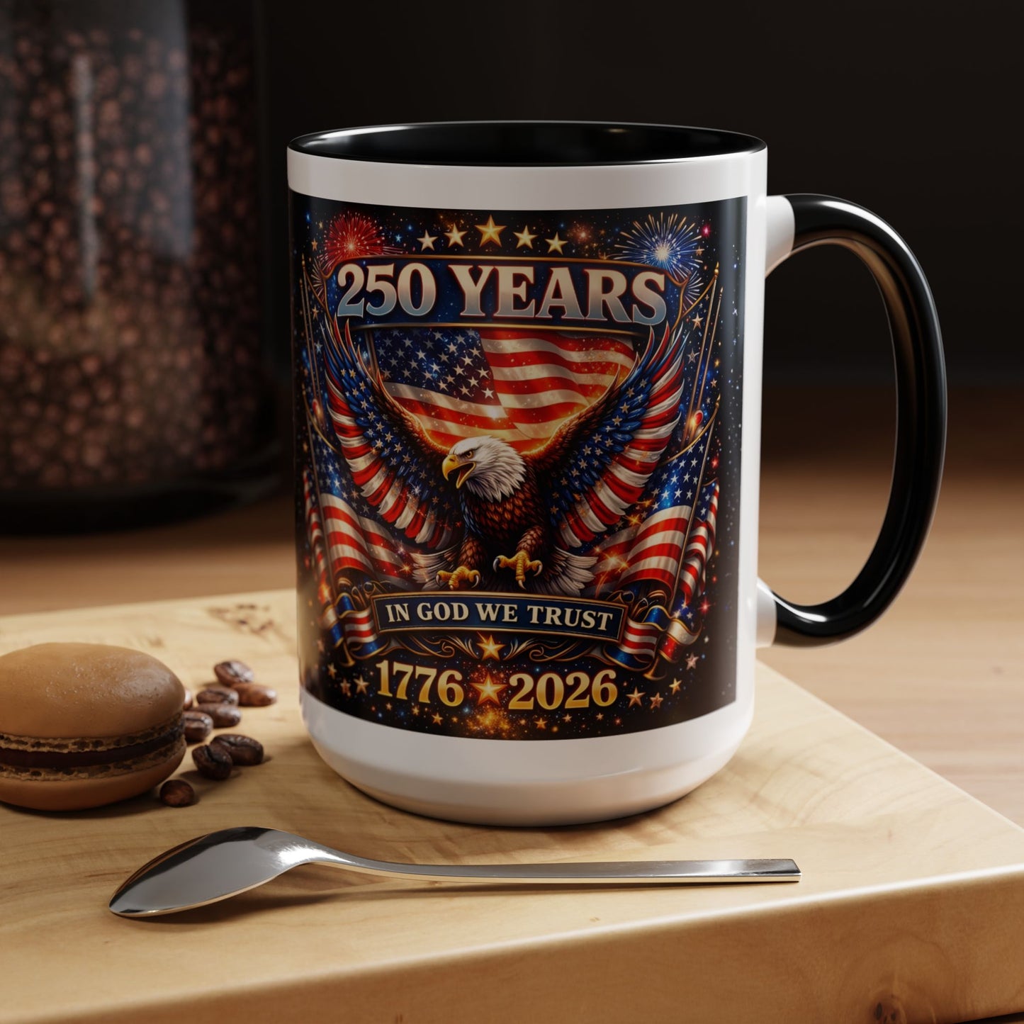 250 Years Patriotic Coffee Mug — In God We Trust 1776–2026