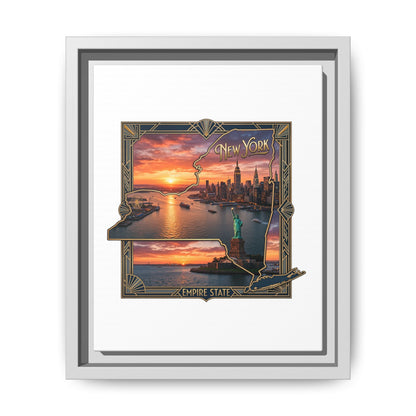 Framed Matte Canvas Wall Art — New York City Sunset Skyline with Statue of Liberty