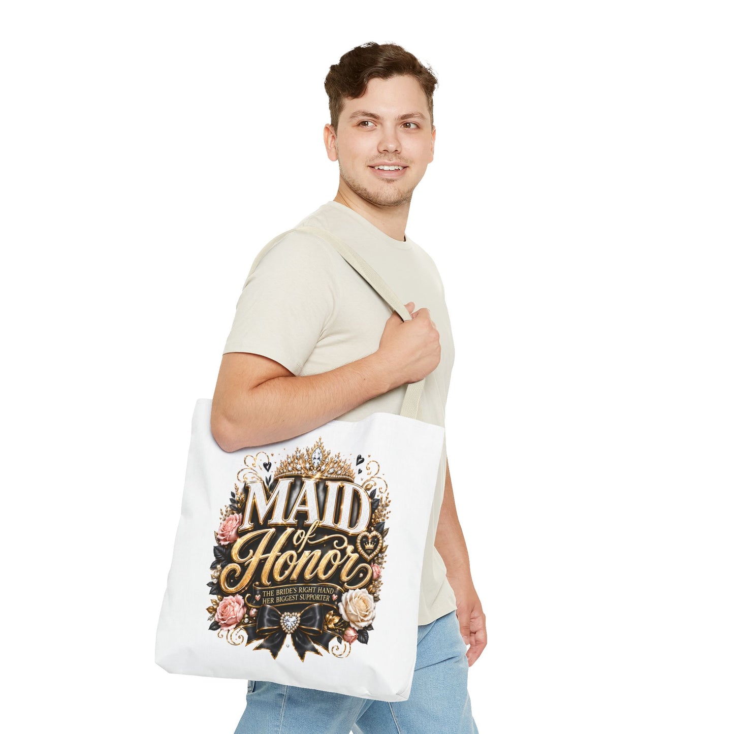 Maid of Honor Tote Bag — Elegant Bridal Party Gift with Gold Crown Floral Design