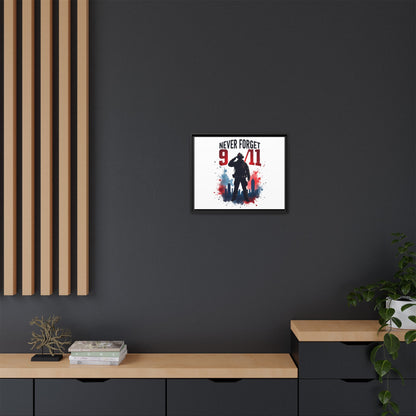 Never Forget 9/11 Framed Canvas Print — Patriotic Firefighter Memorial Art