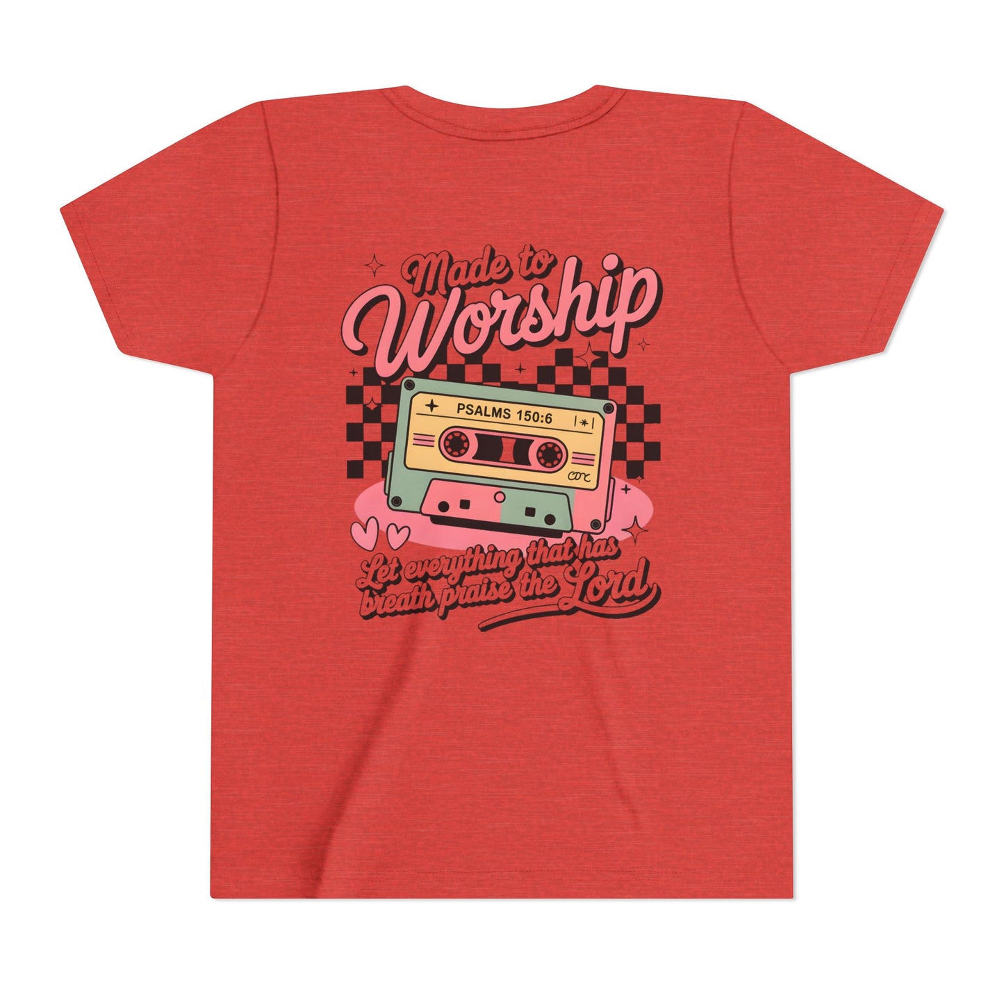 Made to Worship Youth Tee – Retro Cassette Christian Kids Shirt (Psalms 100:4)