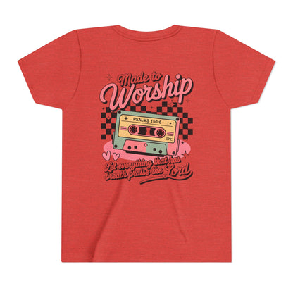 Made to Worship Youth Tee – Retro Cassette Christian Kids Shirt (Psalms 100:4)