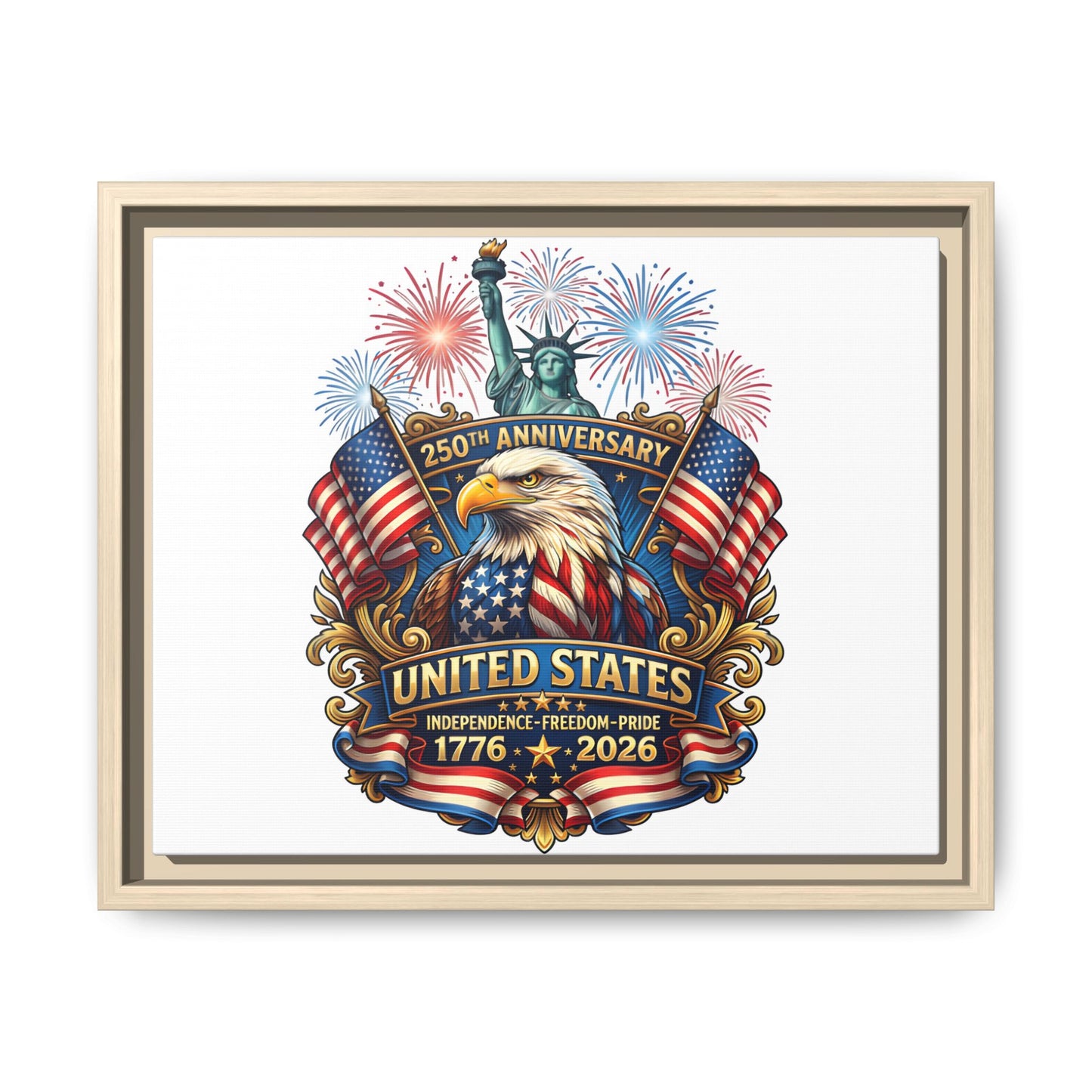 United States 250th Anniversary Framed Canvas — "1776-2026" Patriotic Eagle & Statue of Liberty Print