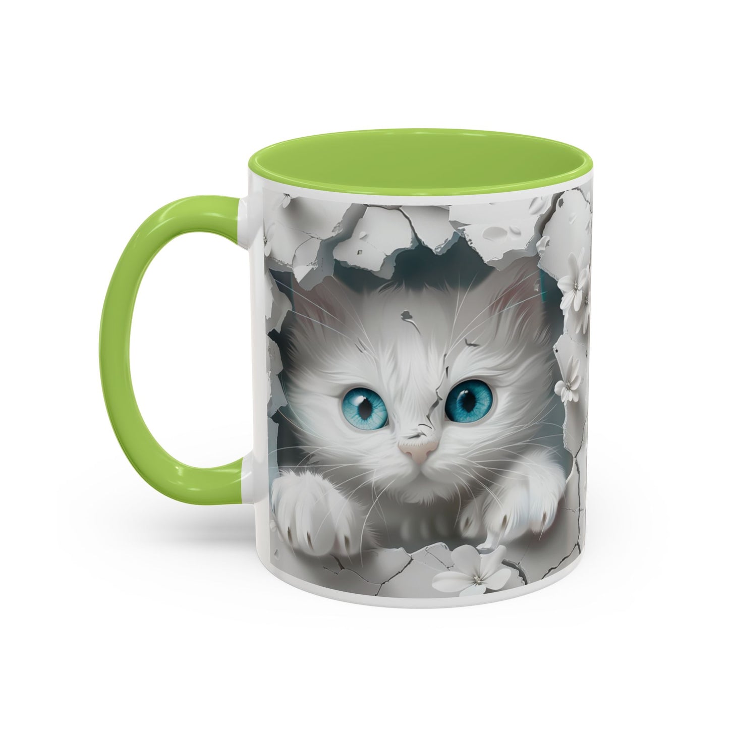 Cute Blue-Eyed Kitten Accent Coffee Mug – Floral Peekaboo Cat Design (11/15 oz)