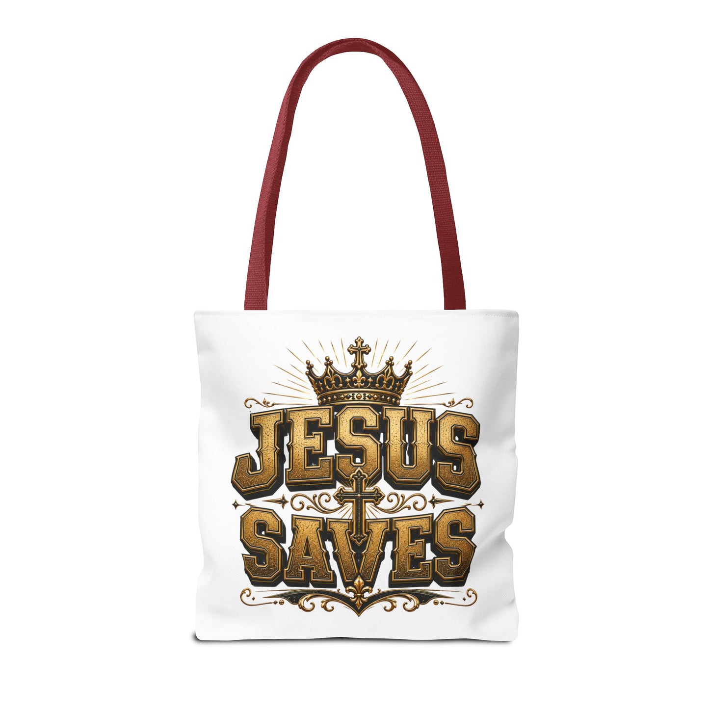 Jesus Saves Tote Bag — Christian Gospel Canvas Carryall with Crown & Cross Design