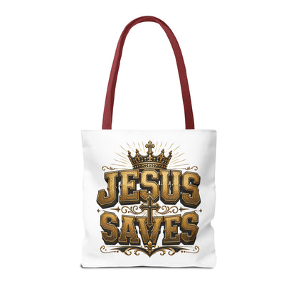 Jesus Saves Tote Bag — Christian Gospel Canvas Carryall with Crown & Cross Design