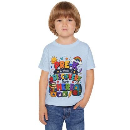 Toddler T‑Shirt — "Pre-K: A World of Discovery Starts Here" Colorful Back-to-School Tee