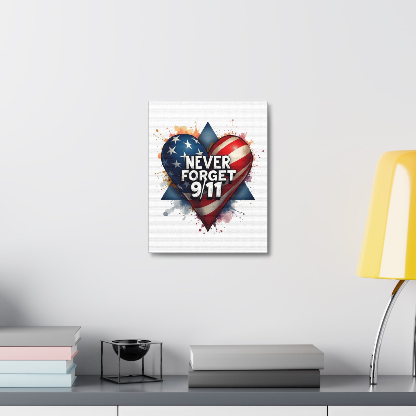 Never Forget 9/11 American Flag Heart Stretched Canvas