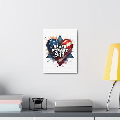 Never Forget 9/11 American Flag Heart Stretched Canvas