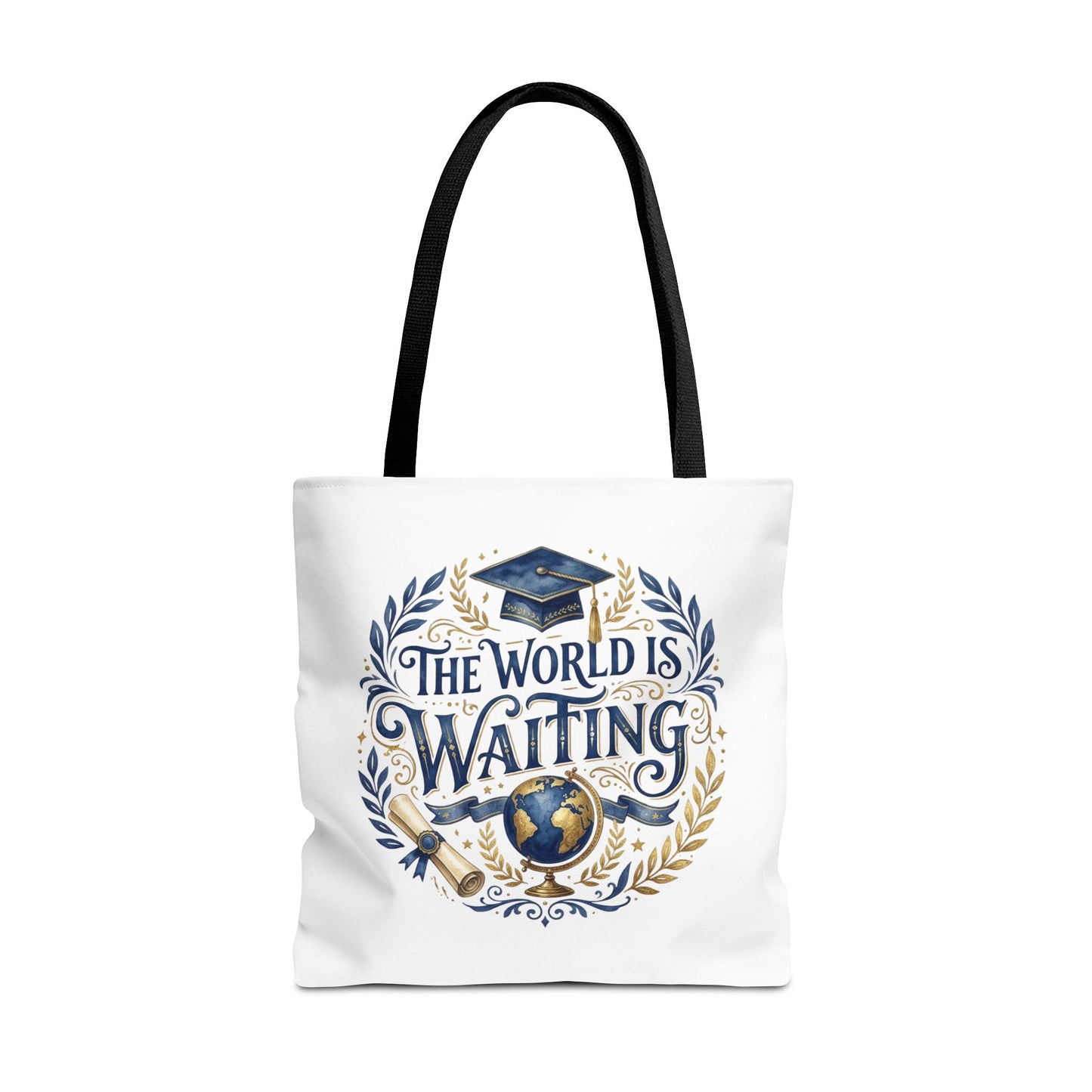 Graduation Tote Bag – "The World Is Waiting" Cap & Globe Design