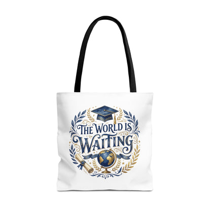 Graduation Tote Bag – "The World Is Waiting" Cap & Globe Design