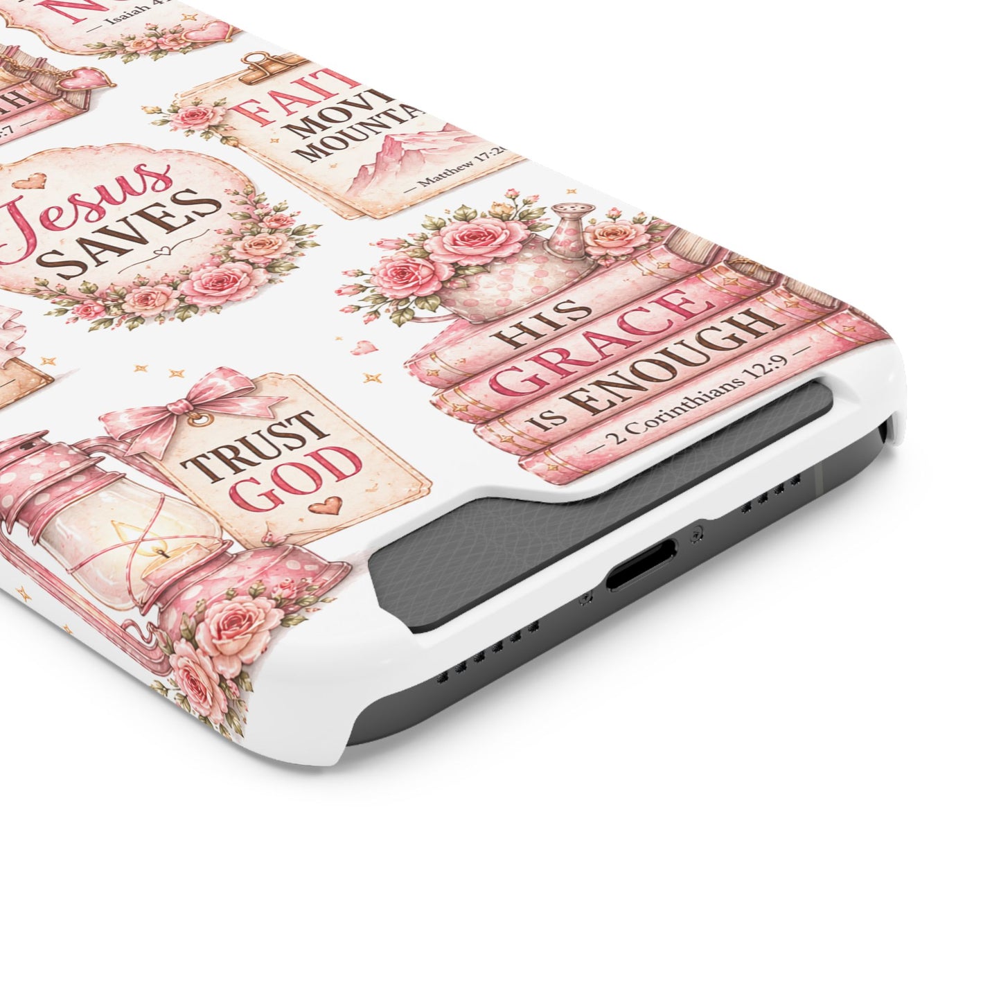 Christian Phone Case with Card Holder — 'Jesus Saves' Floral Scripture Design