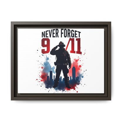 Never Forget 9/11 Framed Canvas Print — Patriotic Firefighter Memorial Art