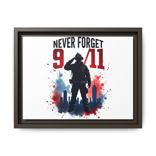 Never Forget 9/11 Framed Canvas Print — Patriotic Firefighter Memorial Art