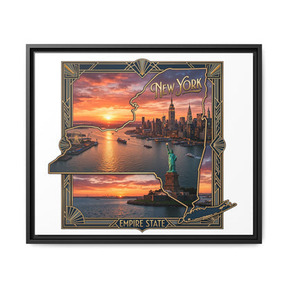 Framed Matte Canvas Wall Art — New York City Sunset Skyline with Statue of Liberty