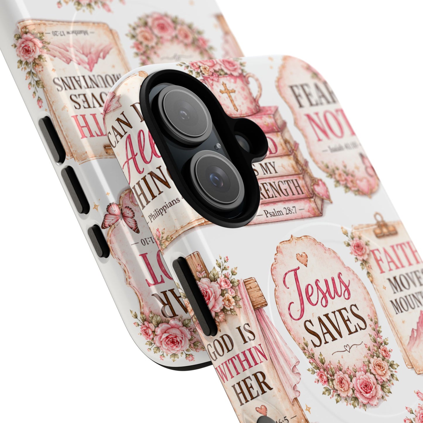 Christian Faith iPhone Tough Magnetic Case — 'Jesus Saves' Floral Scripture Design (Fear Not, Faith Moves Mountains)