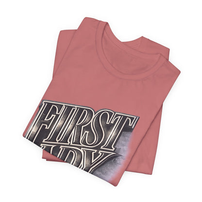First Lady Graphic Tee — Retro Metallic Script Short Sleeve Shirt