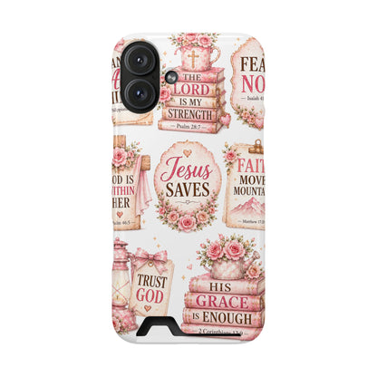 Christian Phone Case with Card Holder — 'Jesus Saves' Floral Scripture Design