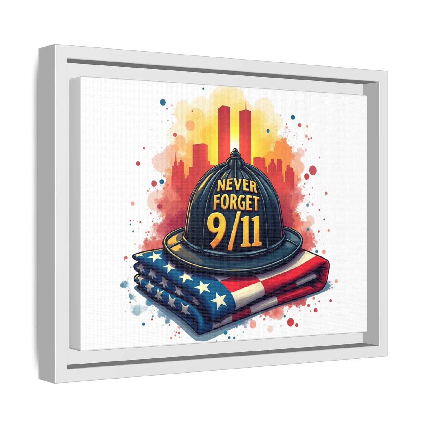 Never Forget 9/11 Framed Canvas Print — Firefighter Helmet & American Flag Memorial Art