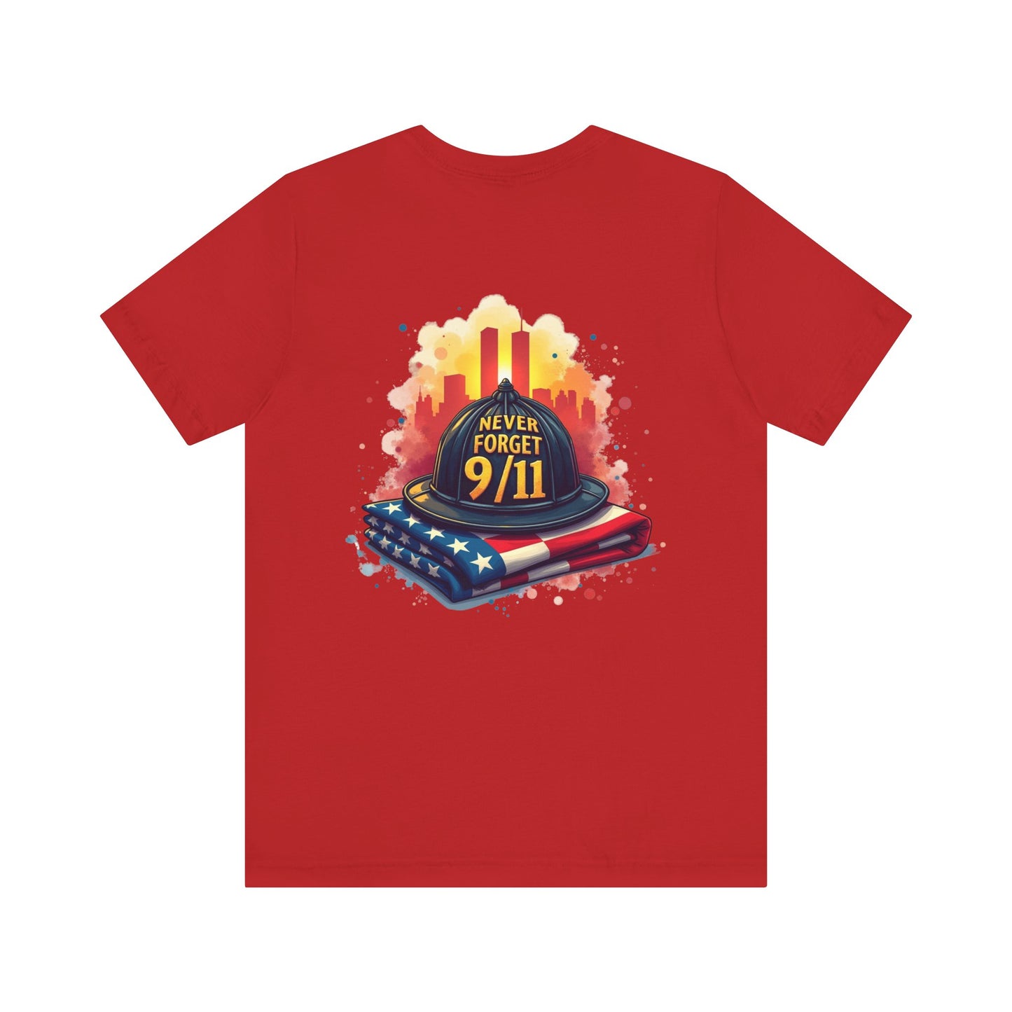 Never Forget 9/11 Memorial T-Shirt — Firefighter Helmet & Flag Tribute Tee
