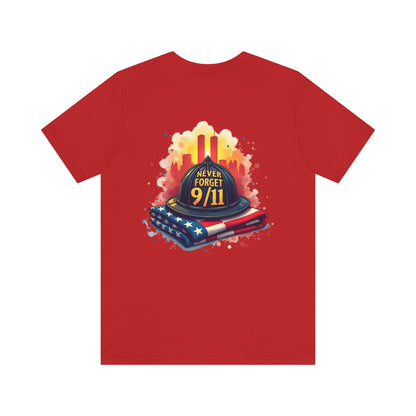 Never Forget 9/11 Memorial T-Shirt — Firefighter Helmet & Flag Tribute Tee