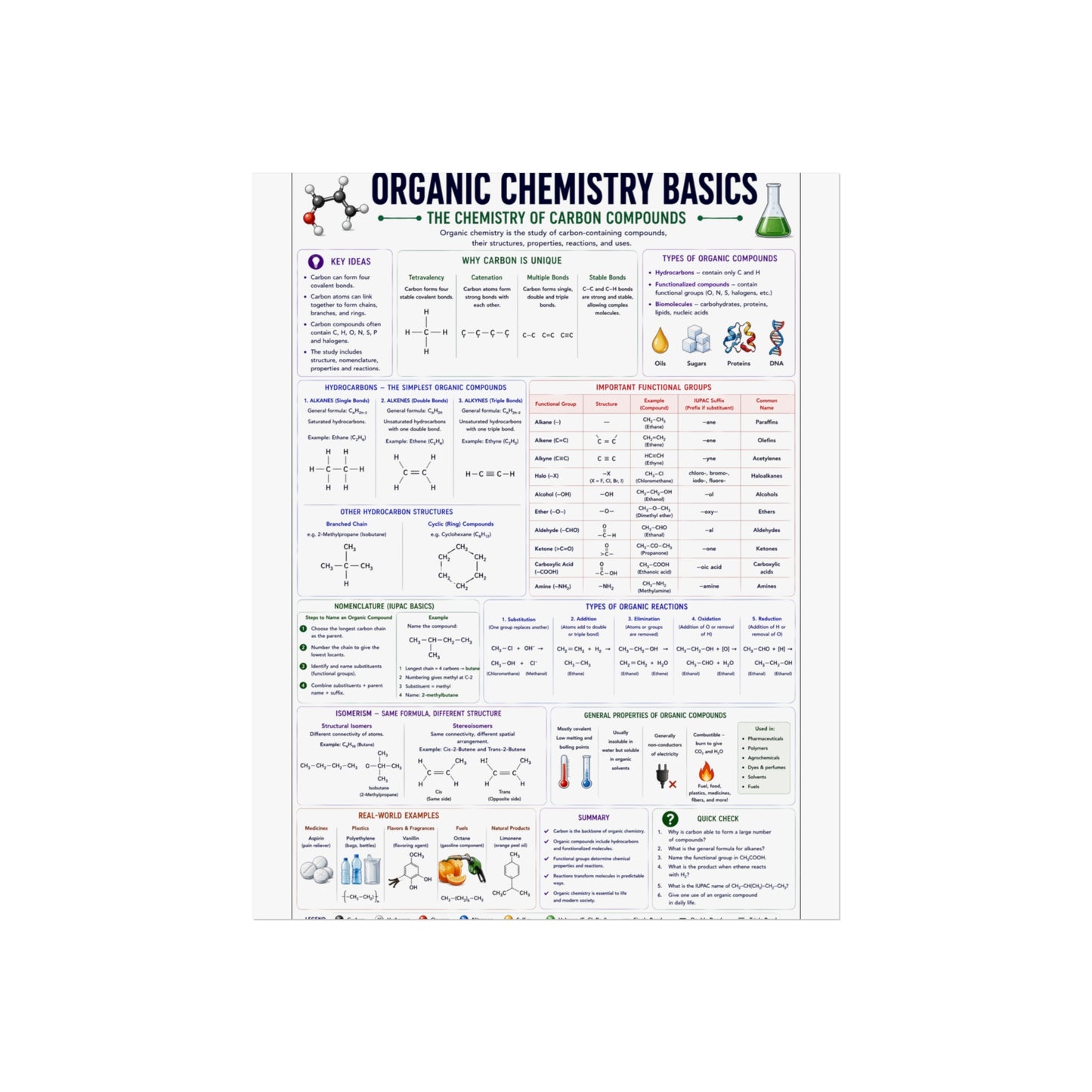 Organic Chemistry Basics Poster – Fine Art Educational Print (Reaction Types, Functional Groups, Nomenclature)