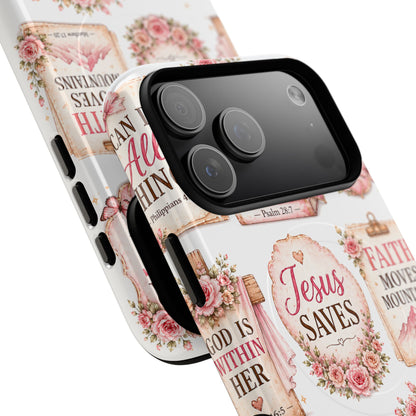 Christian Faith iPhone Tough Magnetic Case — 'Jesus Saves' Floral Scripture Design (Fear Not, Faith Moves Mountains)