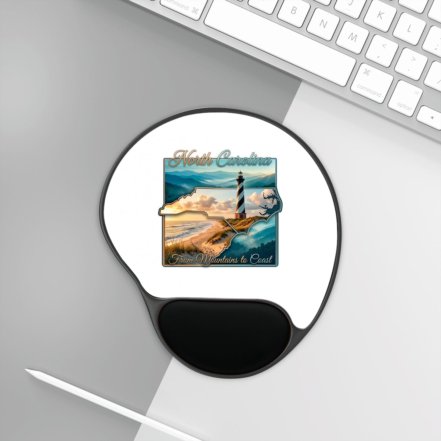 North Carolina Lighthouse Mouse Pad with Wrist Rest — "From Mountains to Coast" Travel Design