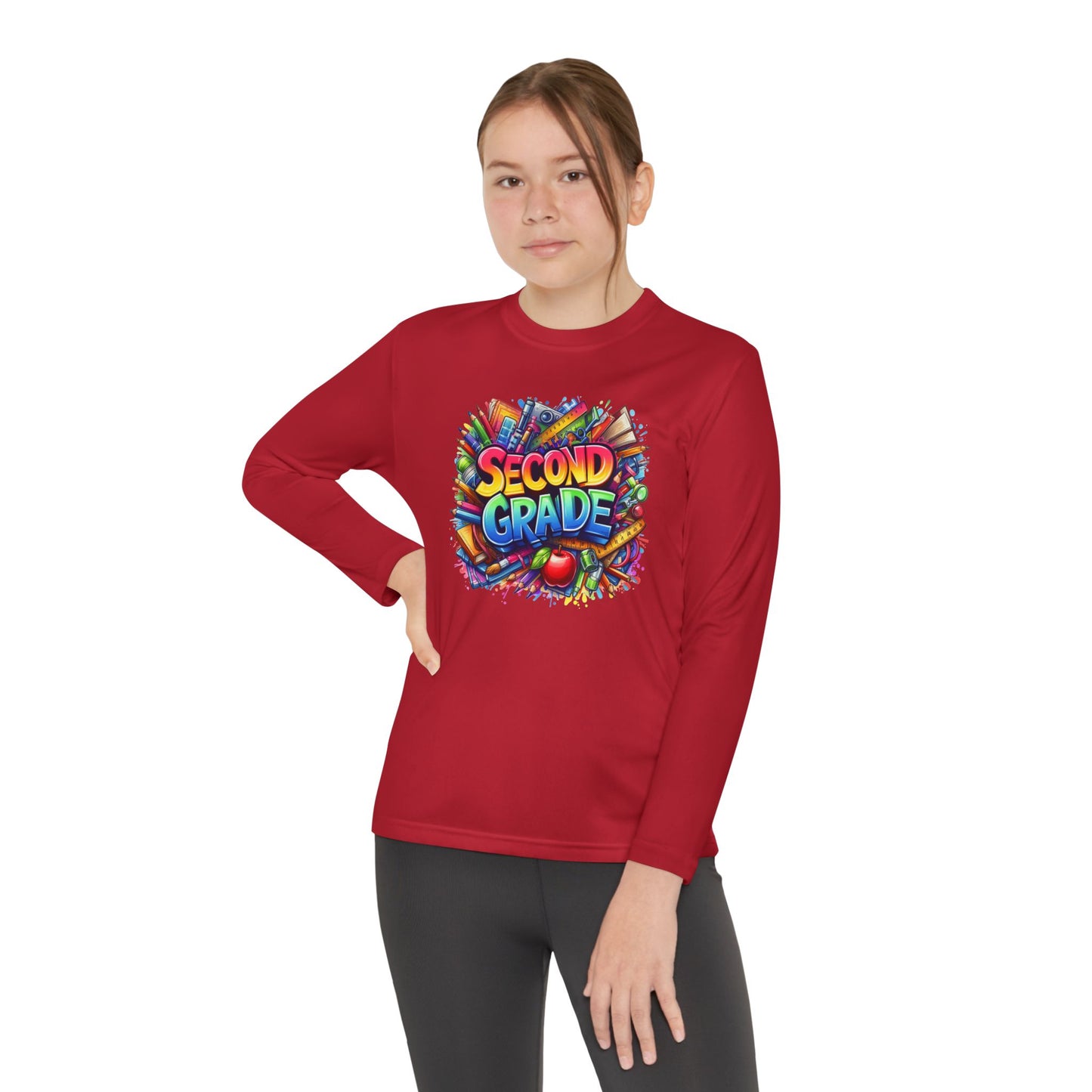 Second Grade Youth Long Sleeve Tee — Colorful School Supplies Back-to-School Shirt
