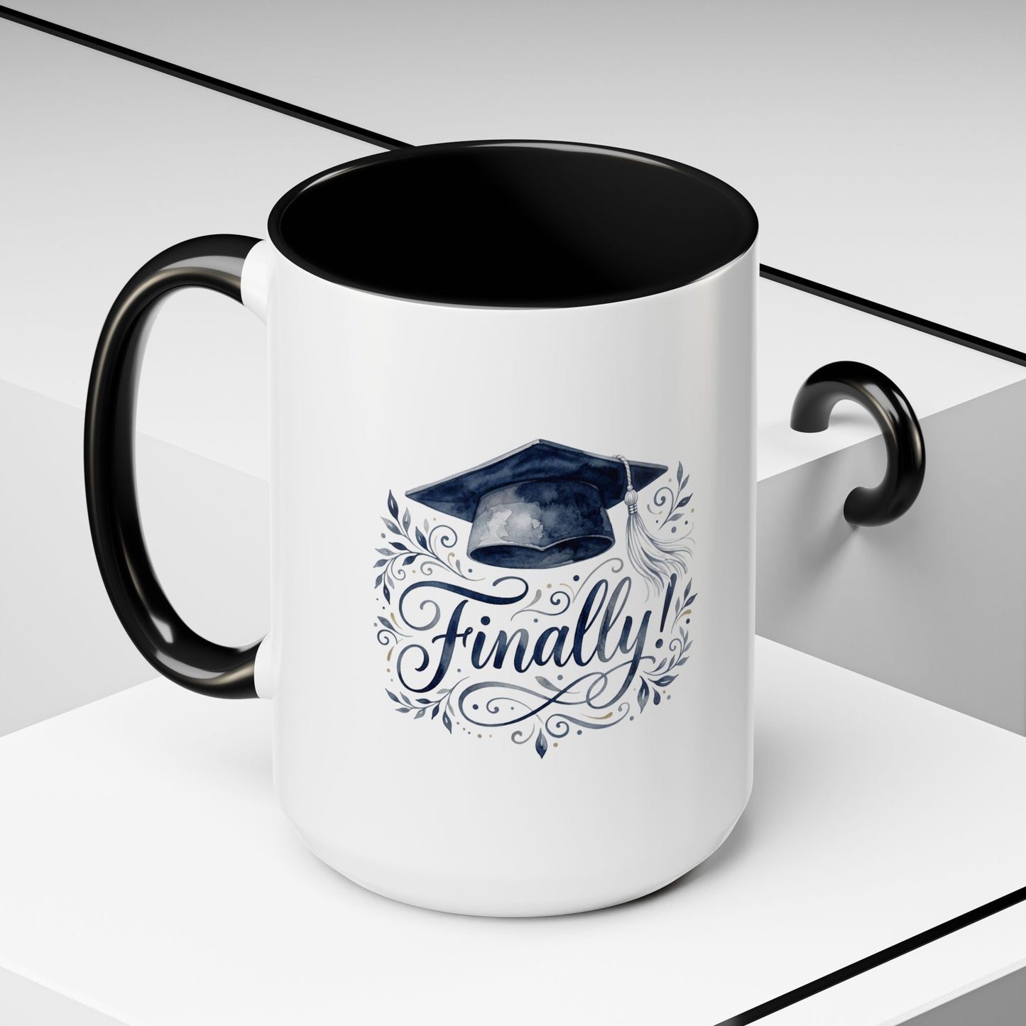 Graduation Coffee Mug — "Finally!" Cap Design (11/15oz)