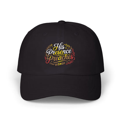 Dad Cap — “His Presence Creates” Floral Script Embroidered Hat