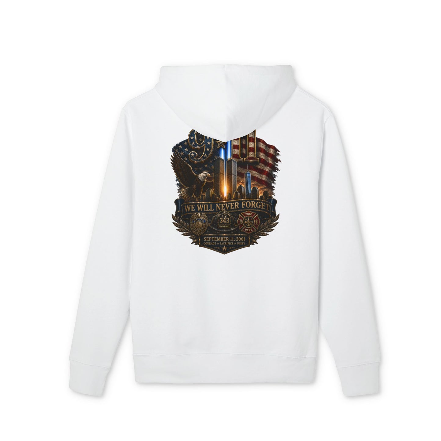 Patriotic Memorial Hoodie — "We Will Never Forget" American Flag & Thin Blue Line Design