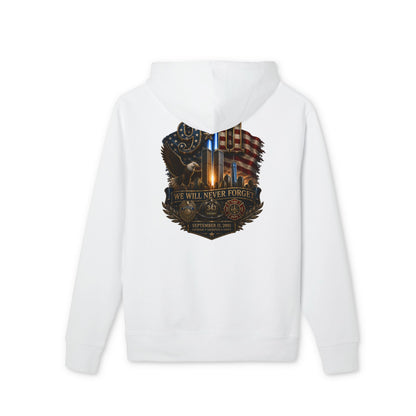 Patriotic Memorial Hoodie — "We Will Never Forget" American Flag & Thin Blue Line Design