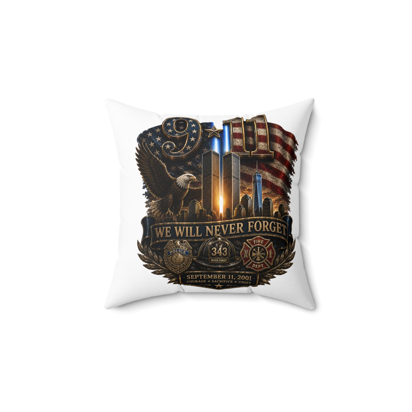 9/11 Memorial Square Pillow — "We Will Never Forget" Tribute