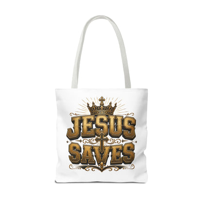 Jesus Saves Tote Bag — Christian Gospel Canvas Carryall with Crown & Cross Design